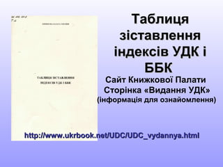 ТаблицяТаблиця
зіставленнязіставлення
індексів УДК ііндексів УДК і
ББКББК
Сайт Книжкової Палати
Сторінка «Видання УДК»
(інформація для ознайомлення)
http://www.ukrbook.net/UDC/UDC_vydannya.htmlhttp://www.ukrbook.net/UDC/UDC_vydannya.html
 