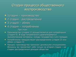 Стадии процесса общественногоСтадии процесса общественного
воспроизводствавоспроизводства
 1стадия – производство1стадия – производство
 2 стадия - распределение2 стадия - распределение
 3 стадия – обмен3 стадия – обмен
 4 стадия – потребление4 стадия – потребление
При этом:При этом:
 Производство (стадия 1) осуществляется для потребленияПроизводство (стадия 1) осуществляется для потребления
(стадия 4). В ходе потребления удовлетворяются(стадия 4). В ходе потребления удовлетворяются
экономические интересы, нужды государства и его гражданэкономические интересы, нужды государства и его граждан
 Потреблению предшествуют распределение (стадия 2) илиПотреблению предшествуют распределение (стадия 2) или
обмен (стадия 3)обмен (стадия 3)
 Процесс производства пронизан денежными отношениями.Процесс производства пронизан денежными отношениями.
Финансы же проявляют себя только на второй стадии – наФинансы же проявляют себя только на второй стадии – на
стадии распределения доходов обществастадии распределения доходов общества
 