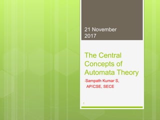 The Central
Concepts of
Automata Theory
-Sampath Kumar S,
AP/CSE, SECE
1
21 November
2017
 