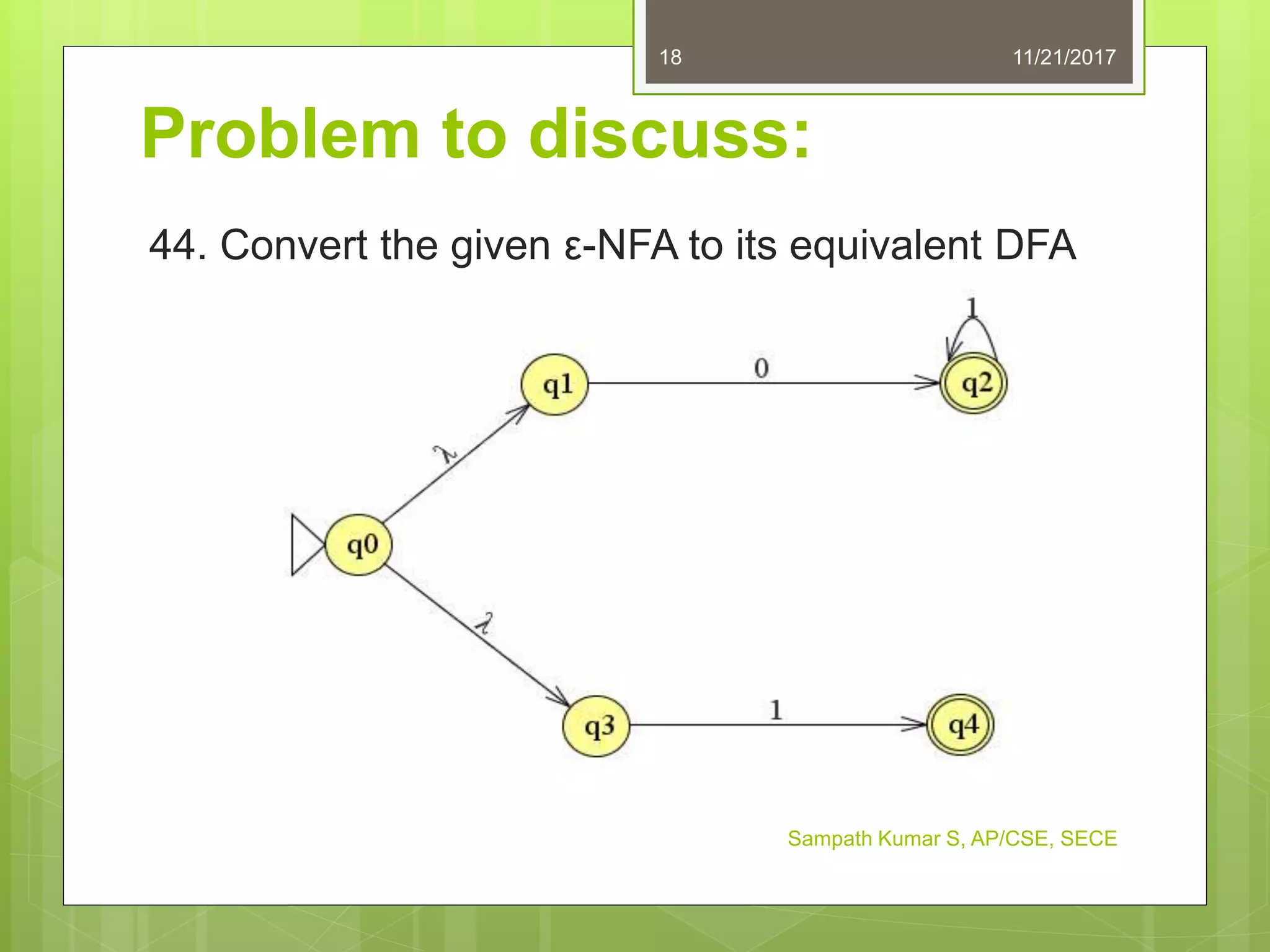 Problem to discuss:
44. Convert the given ε-NFA to its equivalent DFA
11/21/201718
Sampath Kumar S, AP/CSE, SECE
 