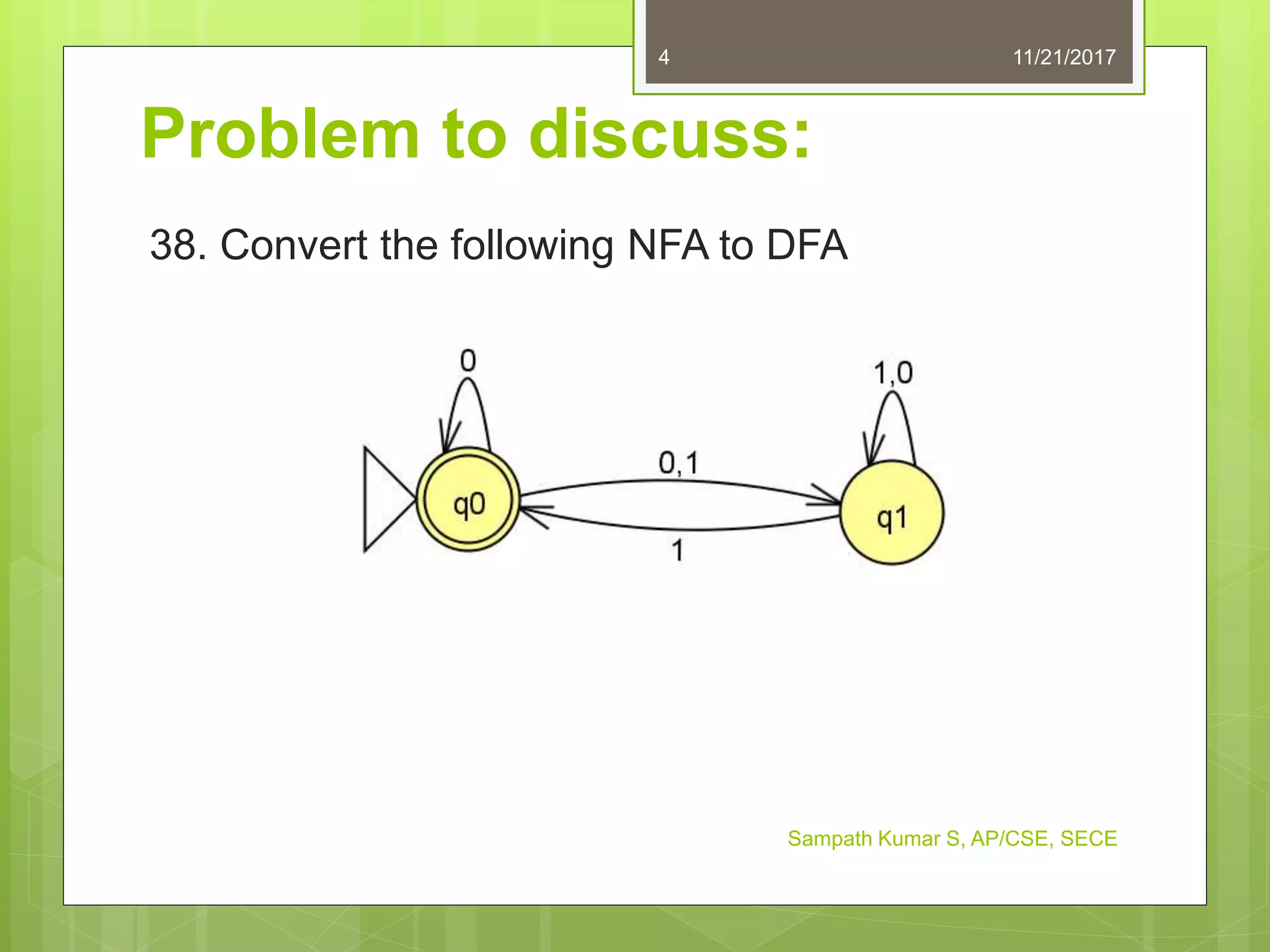 Problem to discuss:
38. Convert the following NFA to DFA
11/21/20174
Sampath Kumar S, AP/CSE, SECE
 