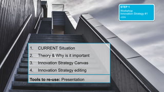 STEP 1
Workshop
Innovation Strategy #1
• EEN
1. CURRENT Situation
2. Theory & Why is it important
3. Innovation Strategy Canvas
4. Innovation Strategy editing
Tools to re-use: Presentation
 