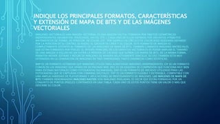 INDIQUE LOS PRINCIPALES FORMATOS, CARACTERÍSTICAS
Y EXTENSIÓN DE MAPA DE BITS Y DE LAS IMÁGENES
VECTORIALES
IMÁGENES VECTORIALES UNA IMAGEN VECTORIAL ES UNA IMAGEN DIGITAL FORMADA POR OBJETOS GEOMÉTRICOS
INDEPENDIENTES (SEGMENTOS, POLÍGONOS, ARCOS, ETC.), CADA UNO DE ELLOS DEFINIDO POR DISTINTOS ATRIBUTOS
MATEMÁTICOS DE FORMA, DE POSICIÓN, DE COLOR, ETC. POR EJEMPLO UN CÍRCULO DE COLOR ROJO QUEDARÍA DEFINIDO
POR LA POSICIÓN DE SU CENTRO, SU RADIO, EL GROSOR DE LÍNEA Y SU COLOR. ESTE FORMATO DE IMAGEN ES
COMPLETAMENTE DISTINTO AL FORMATO DE LAS IMÁGENES DE MAPA DE BITS, TAMBIÉN LLAMADOS IMÁGENES MATRICIALES,
QUE ESTÁN FORMADOS POR PÍXELES. EL INTERÉS PRINCIPAL DE LOS GRÁFICOS VECTORIALES ES PODER AMPLIAR EL TAMAÑO
DE UNA IMAGEN A VOLUNTAD SIN SUFRIR LA PÉRDIDA DE CALIDAD QUE SUFREN LOS MAPAS DE BITS. DE LA MISMA FORMA,
PERMITEN MOVER, ESTIRAR Y RETORCER IMÁGENES DE MANERA RELATIVAMENTE SENCILLA. SU USO TAMBIÉN ESTÁ MUY
EXTENDIDO EN LA GENERACIÓN DE IMÁGENES EN TRES DIMENSIONES TANTO DINÁMICAS COMO ESTÁTICAS.
BMP ES UN FORMATO ESTÁNDAR QUE WINDOWS UTILIZA PARA ALMACENAR IMÁGENES INDEPENDIENTES; GIF ES UN FORMATO
COMÚN DE LAS IMÁGENES QUE APARECEN EN PÁGINAS WEB; JPEG ES UN ESQUEMA DE COMPRESIÓN QUE FUNCIONA MUY BIEN
PARA ESCENAS NATURALES COMO FOTOGRAFÍAS ESCANEADAS; EXIF ES UN FORMATO DE ARCHIVO UTILIZADO PARA LAS
FOTOGRAFÍAS QUE SE CAPTURAN CON CÁMARAS DIGITALES; TIFF ES UN FORMATO FLEXIBLE Y EXTENSIBLE, COMPATIBLE CON
UNA AMPLIA VARIEDAD DE PLATAFORMAS Y APLICACIONES DE PROCESAMIENTO DE IMÁGENES. LAS IMÁGENES DE MAPA DE
BITS (TAMBIÉN DENOMINADAS IMÁGENES RASTER) SON IMÁGENES PIXELADAS, ES DECIR QUE ESTÁN FORMADAS POR UN
CONJUNTO DE PUNTOS (PÍXELES) CONTENIDOS EN UNA TABLA. CADA UNO DE ESTOS PUNTOS TIENE UN VALOR O MÁS QUE
DESCRIBE SU COLOR.
 