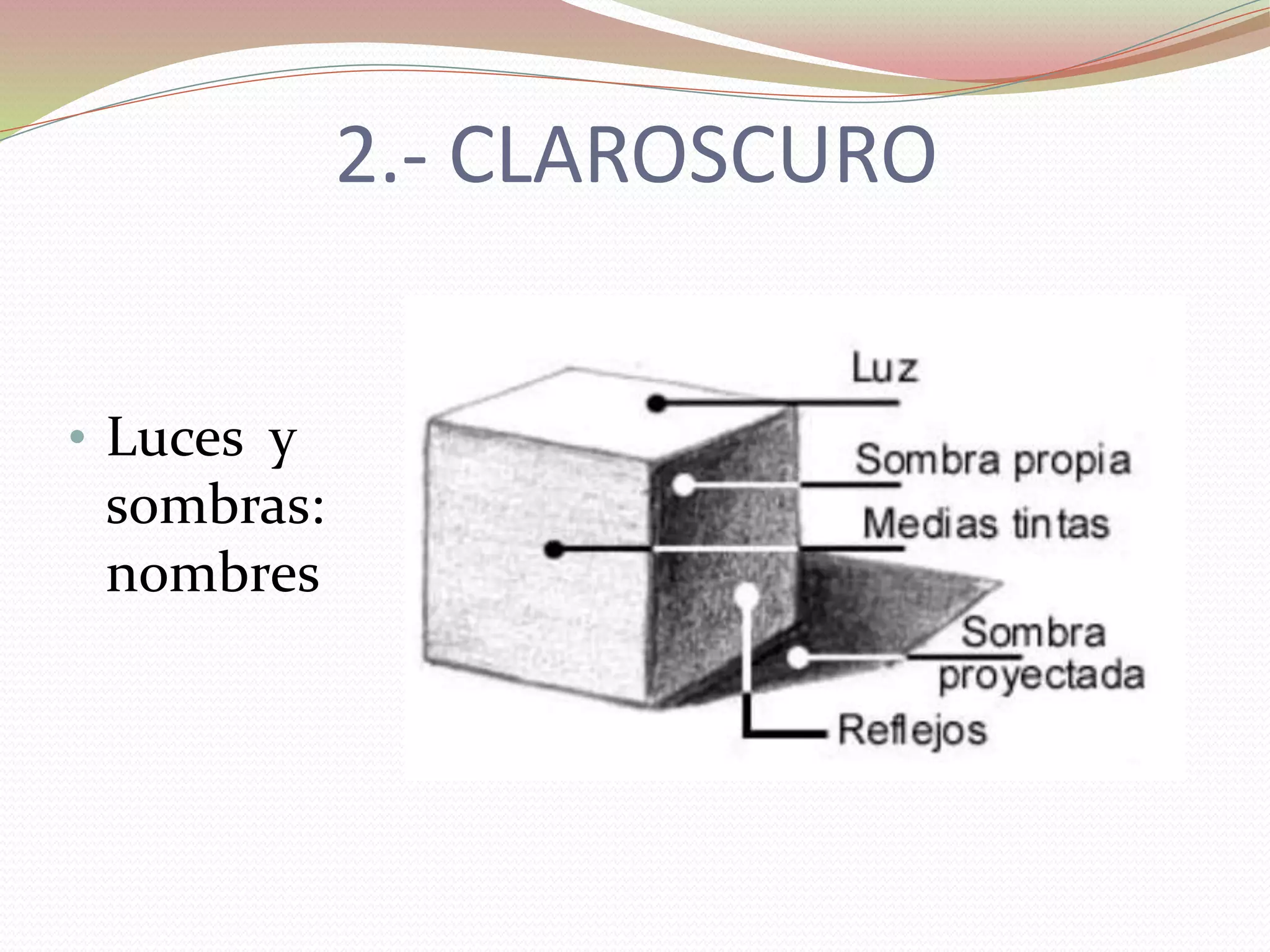 2.- CLAROSCURO
• Luces y
sombras:
nombres
 
