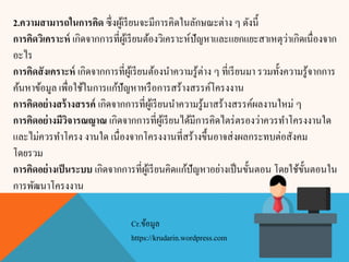 2.ความสามารถในการคิด ซึ่งผู้เรียนจะมีการคิดในลักษณะต่าง ๆ ดังนี้
การคิดวิเคราะห์ เกิดจากการที่ผู้เรียนต้องวิเคราะห์ปัญหาและแยกแยะสาเหตุว่าเกิดเนื่องจาก
อะไร
การคิดสังเคราะห์ เกิดจากการที่ผู้เรียนต้องนาความรู้ต่าง ๆ ที่เรียนมา รวมทั้งความรู้จากการ
ค้นหาข้อมูล เพื่อใช้ในการแก้ปัญหาหรือการสร้างสรรค์โครงงาน
การคิดอย่างสร้างสรรค์ เกิดจากการที่ผู้เรียนนาความรู้มาสร้างสรรค์ผลงานใหม่ ๆ
การคิดอย่างมีวิจารณญาณ เกิดจากการที่ผู้เรียนได้มีการคิดไตร่ตรองว่าควรทาโครงงานใด
และไม่ควรทาโครง งานใด เนื่องจากโครงงานที่สร้างขึ้นอาจส่งผลกระทบต่อสังคม
โดยรวม
การคิดอย่างเป็นระบบ เกิดจากการที่ผู้เรียนคิดแก้ปัญหาอย่างเป็นขั้นตอน โดยใช้ขั้นตอนใน
การพัฒนาโครงงาน
Cr.ข้อมูล
https://krudarin.wordpress.com
 