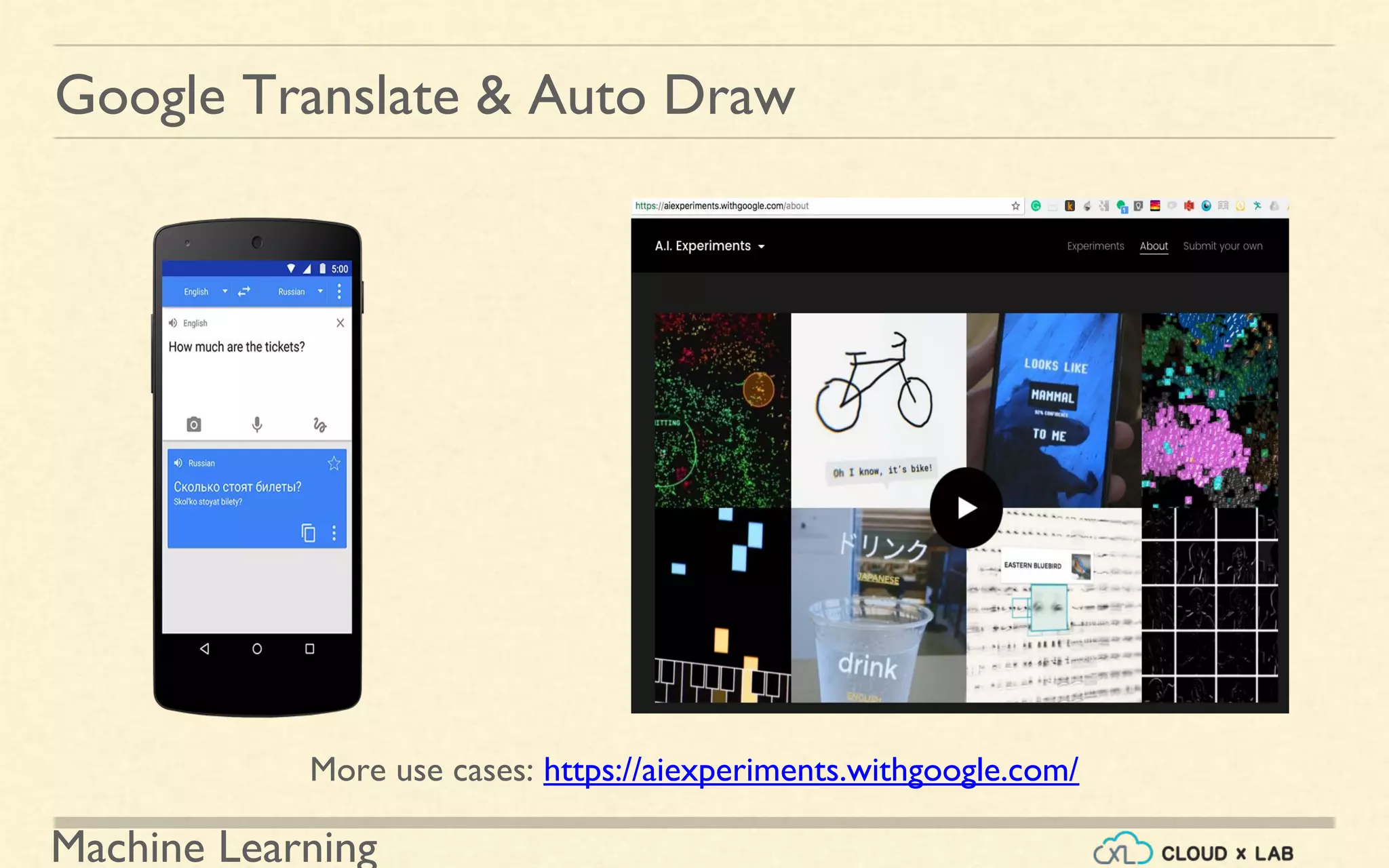 Machine Learning
Google Translate & Auto Draw
More use cases: https://aiexperiments.withgoogle.com/
 