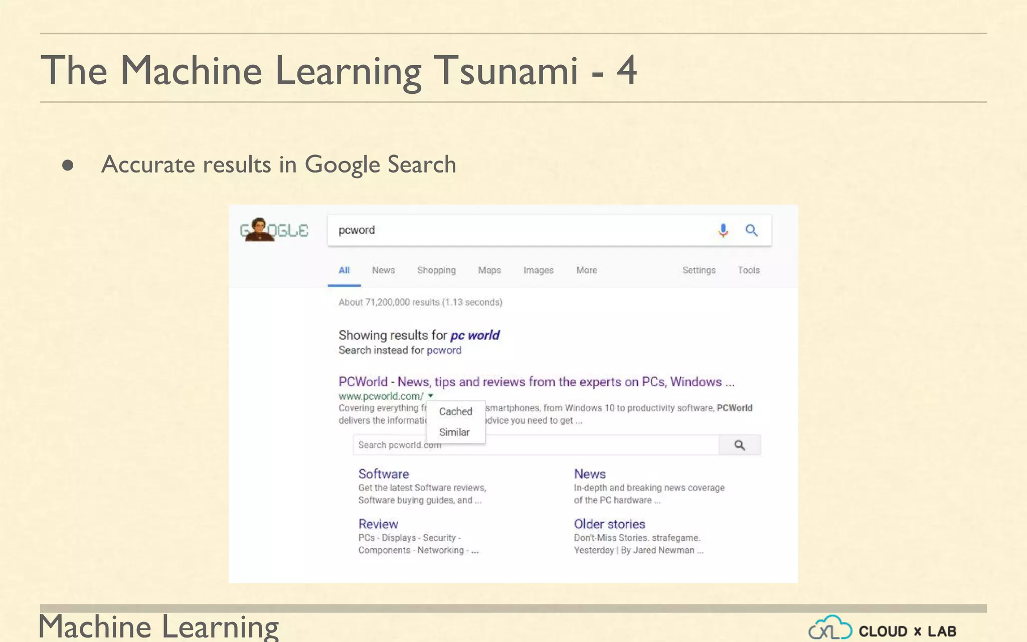 Machine Learning
The Machine Learning Tsunami - 4
● Accurate results in Google Search
 