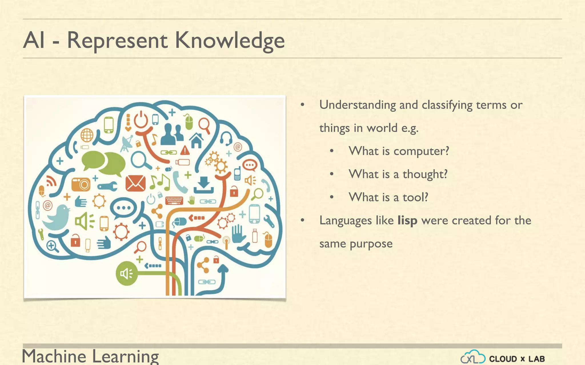 Machine Learning
AI - Represent Knowledge
• Understanding and classifying terms or
things in world e.g.
• What is computer?
• What is a thought?
• What is a tool?
• Languages like lisp were created for the
same purpose
 