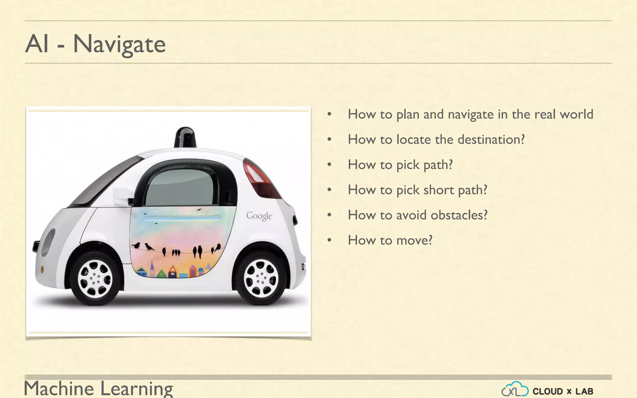 Machine Learning
AI - Navigate
• How to plan and navigate in the real world
• How to locate the destination?
• How to pick path?
• How to pick short path?
• How to avoid obstacles?
• How to move?
 