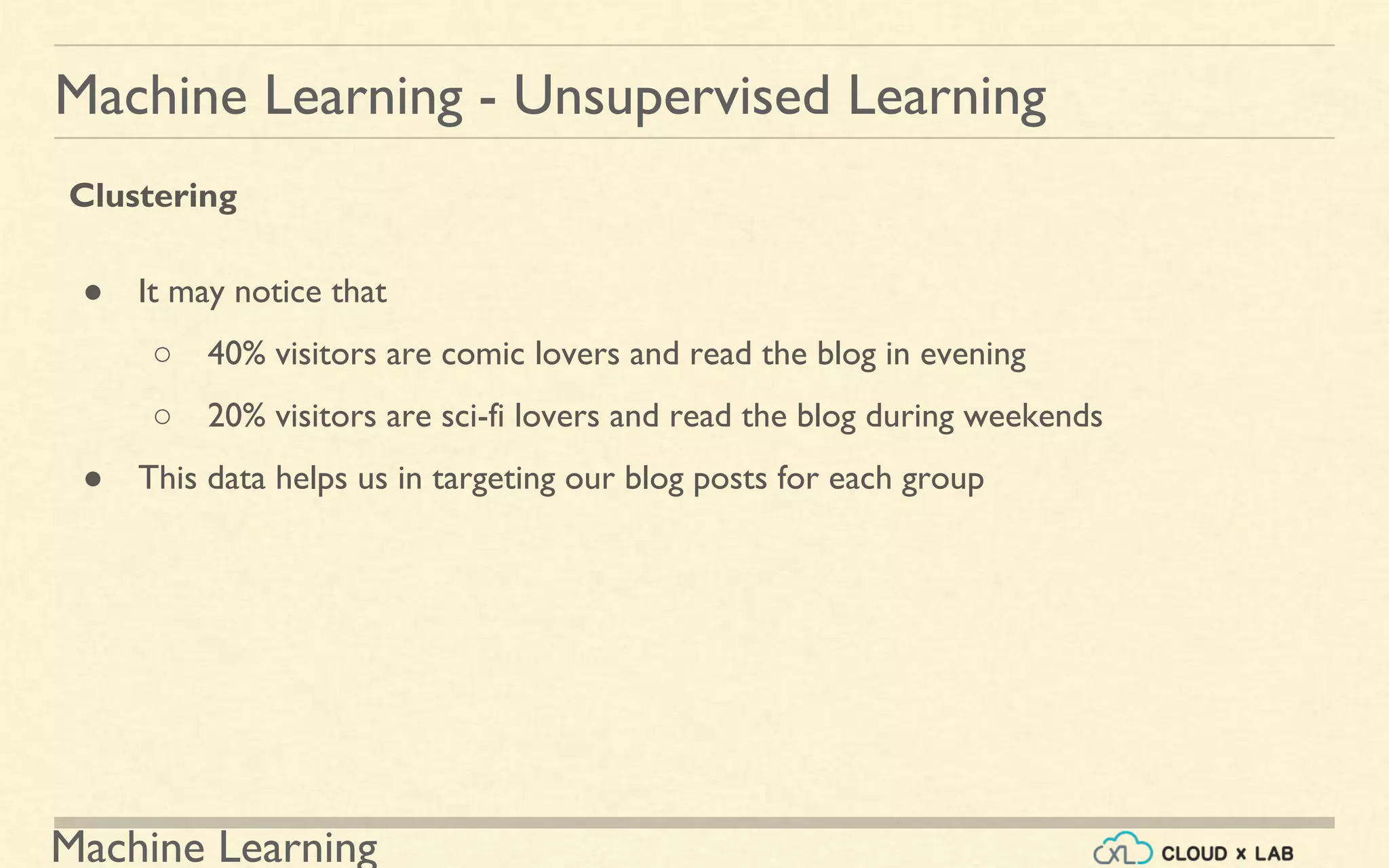 Machine Learning
Machine Learning - Unsupervised Learning
Clustering
● It may notice that
○ 40% visitors are comic lovers and read the blog in evening
○ 20% visitors are sci-fi lovers and read the blog during weekends
● This data helps us in targeting our blog posts for each group
 