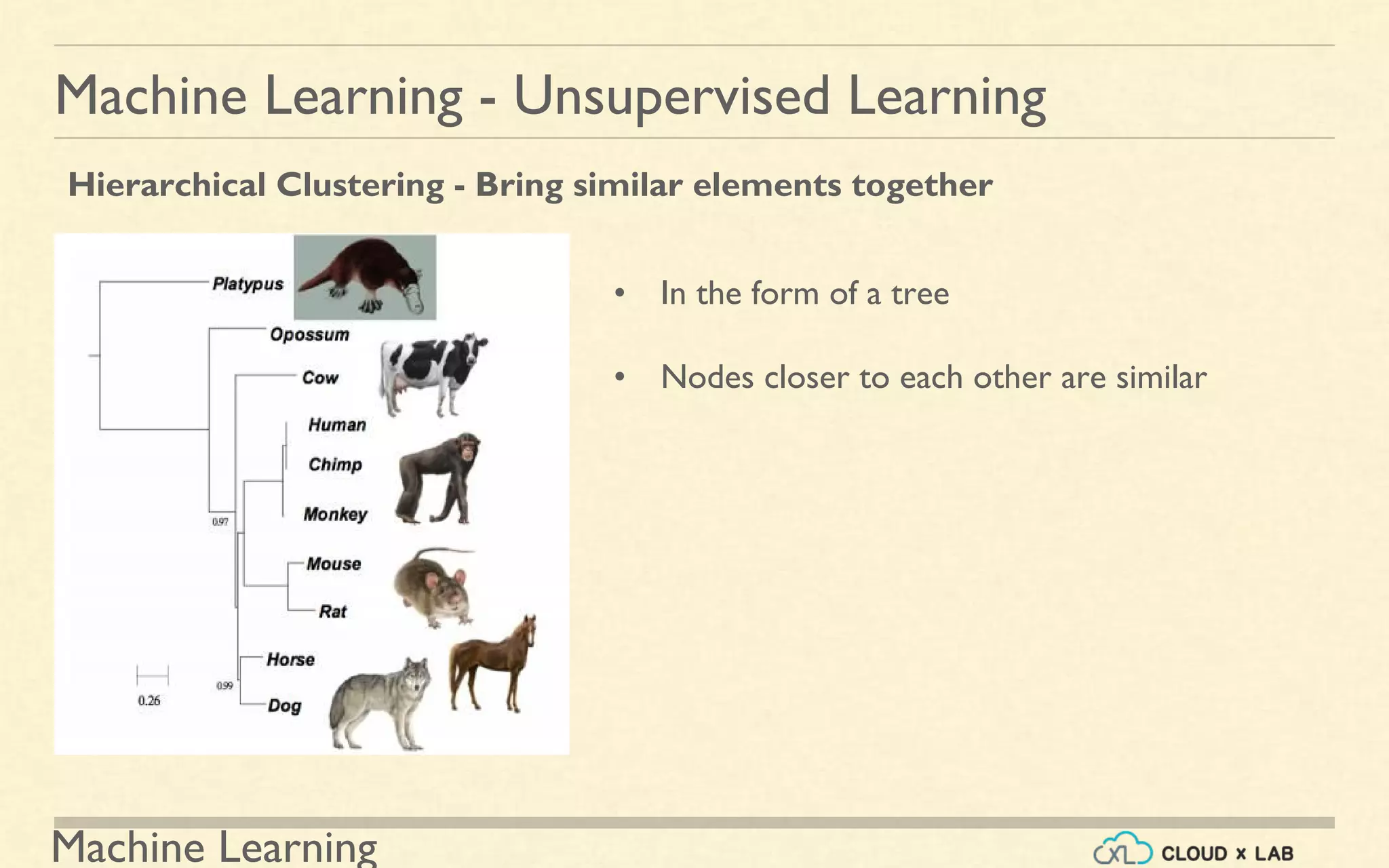 Machine Learning
Machine Learning - Unsupervised Learning
• In the form of a tree
• Nodes closer to each other are similar
Hierarchical Clustering - Bring similar elements together
 