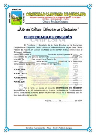 Modelo de Certificado de Posesión-Comunidades Campesinas.