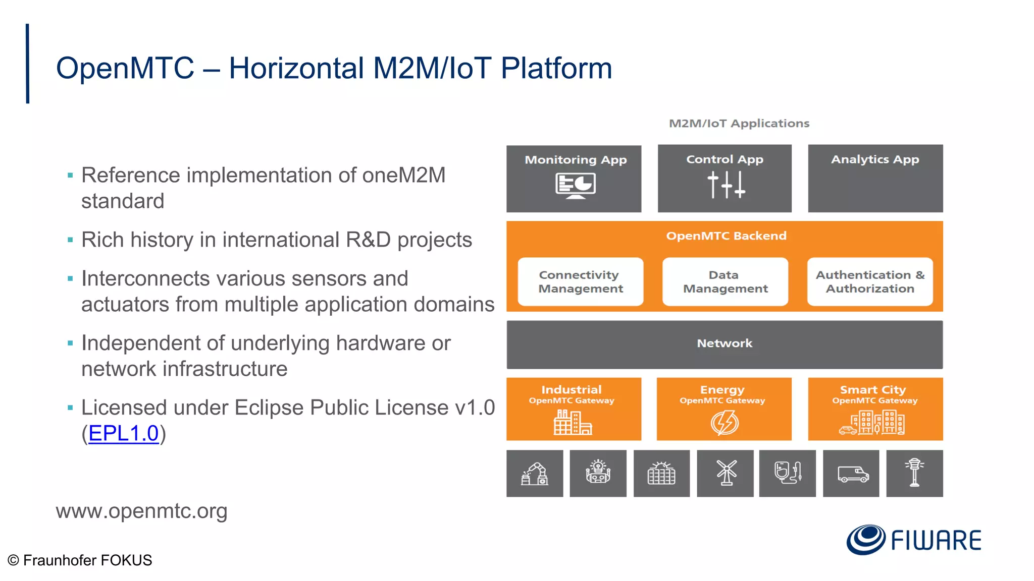 OpenMTC – Horizontal M2M/IoT Platform
▪ Reference implementation of oneM2M
standard
▪ Rich history in international R&D projects
▪ Interconnects various sensors and
actuators from multiple application domains
▪ Independent of underlying hardware or
network infrastructure
▪ Licensed under Eclipse Public License v1.0
(EPL1.0)
www.openmtc.org
© Fraunhofer FOKUS
 