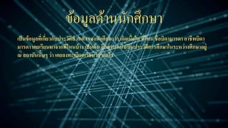ข้อมูลด้านนักศึกษา
เป็นข้อมูลที่เกี่ยวกับประวัติส่วนตัวของนักศึกษาว่า เกิดเมื่อใด ที่ไหน ชื่อบิดามารดา อาชีพบิดา
มารดา เคยเรียนมาจากที่ไหนบ้าง เป็นต้น อีกส่วนหนึ่งเป็นประวัติการศึกษาในระหว่างศึกษาอยู่
ณ สถาบันนั้นๆ ว่า เคยลงทะเบียนเรียนวิชาอะไร
 