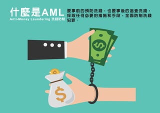 什麼是AML 要事前的預防洗錢，也要事後的追查洗錢，
採取任何必要的措施和手段，全面防制洗錢
犯罪。Anti-Money Laundering 洗錢防制
 