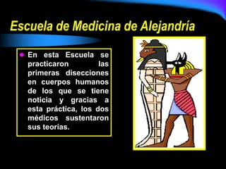 Escuela de Medicina de Alejandría
 En esta Escuela se
practicaron las
primeras disecciones
en cuerpos humanos
de los que se tiene
noticia y gracias a
esta práctica, los dos
médicos sustentaron
sus teorías.
 