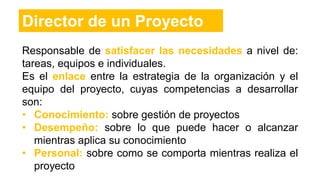 Responsable de satisfacer las necesidades a nivel de:
tareas, equipos e individuales.
Es el enlace entre la estrategia de la organización y el
equipo del proyecto, cuyas competencias a desarrollar
son:
• Conocimiento: sobre gestión de proyectos
• Desempeño: sobre lo que puede hacer o alcanzar
mientras aplica su conocimiento
• Personal: sobre como se comporta mientras realiza el
proyecto
Director de un Proyecto
 