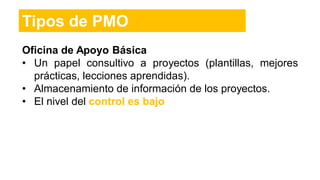 Oficina de Apoyo Básica
• Un papel consultivo a proyectos (plantillas, mejores
prácticas, lecciones aprendidas).
• Almacenamiento de información de los proyectos.
• El nivel del control es bajo
Tipos de PMO
 