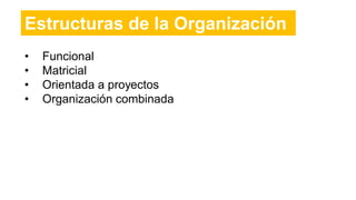 • Funcional
• Matricial
• Orientada a proyectos
• Organización combinada
Estructuras de la Organización
 