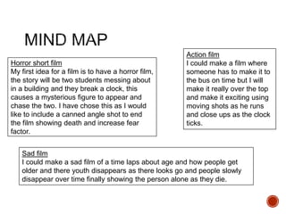 Horror short film
My first idea for a film is to have a horror film,
the story will be two students messing about
in a building and they break a clock, this
causes a mysterious figure to appear and
chase the two. I have chose this as I would
like to include a canned angle shot to end
the film showing death and increase fear
factor.
Action film
I could make a film where
someone has to make it to
the bus on time but I will
make it really over the top
and make it exciting using
moving shots as he runs
and close ups as the clock
ticks.
Sad film
I could make a sad film of a time laps about age and how people get
older and there youth disappears as there looks go and people slowly
disappear over time finally showing the person alone as they die.
 