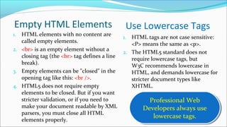 Use Lowercase Tags
1. HTML elements with no content are 
called empty elements.
2. <br> is an empty element without a 
closing tag (the <br> tag defines a line 
break).
3. Empty elements can be "closed" in the 
opening tag like this: <br />.
4. HTML5 does not require empty 
elements to be closed. But if you want 
stricter validation, or if you need to 
make your document readable by XML 
parsers, you must close all HTML 
elements properly.
Empty HTML Elements
1. HTML tags are not case sensitive: 
<P> means the same as <p>.
2. The HTML5 standard does not 
require lowercase tags, but 
W3C recommends lowercase in 
HTML, and demands lowercase for 
stricter document types like 
XHTML.
Professional Web 
Developers always use 
lowercase tags.
Professional Web 
Developers always use 
lowercase tags.
 