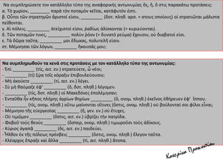 Να συμπληρωθούν τα κενά στις προτάσεις με τον κατάλληλο τύπο της αντωνυμίας:
- Ἐπὶ _________ (τίς, αιτ. εν.) στρατεύετε, ὦ νέοι;
- _________ (τί) ζῴα τοῖς κόραξιν ἐπιβουλεύουσιν;
- Μὴ ἀκούετε _________ (τί, αιτ. εν.) λέγει.
- Σὺ μὴ θαύμαζε ἐφ’ _________ (ὅ, δοτ. πληθ.) λέγομεν.
- _________ (τίς, δοτ. πληθ.) οἱ Μακεδόνες ἐπολέμησαν;
- Ἐνταῦθα ἦν κῆπος πλήρης ἀγρίων θηρίων _________ (ὅ, ονομ. πληθ.) ἐκεῖνος ἐθήρευεν ἐφ’ ἵππου.
- _________ (τίς, ονομ. πληθ.) οὕτω μαίνονται οἵτινες (ὅστις, ονομ. πληθ.) οὐ βούλονταί σοι φίλοι εἶναι;
- Μέμνησο τῆς εὐεργεσίας _________ (ἥ, γεν. εν.) σὺ ἔτυχες.
- Οὐ τιμῶμεν _________ (ὅστις, αιτ. εν.) ὑβρίζει τὴν πατρίδα.
- Φοβοῦ τοὺς θεοὺς _________ (ὅσπερ, ονομ. πληθ.) τιμωροῦσι τοὺς ἀδίκους.
- Κύριος ἀγαπᾷ _________ (ὅς, αιτ. εν.) παιδεύει.
- Ἦλθον ἐκ τῆς πόλεως πρέσβεις _________ (ὅστις, ονομ. πληθ.) ἔλεγον ταῦτα.
- Κλέαρχος ἔπραξε καὶ ἄλλα _________ (τὶ, αιτ. πληθ.) ἄτοπα.
Να συμπληρώσετε τον κατάλληλο τύπο της αναφορικής αντωνυμίας ὅς, ἥ, ὃ στις παρακάτω προτάσεις:
α. Τὸ χωρίον, ________ παρὰ τὸν ποταμὸν κεῖται, κατάφυτόν ἐστι.
β. Οὗτοι τῶν στρατηγῶν ἄριστοί εἰσιν, _________ (δοτ. πληθ. αρσ. = στους οποίους) οἱ στρατιῶται μάλιστα
πείθονται.
γ. Αἱ πόλεις, _________ ἀτείχιστοί εἰσιν, ῥαδίως ἁλίσκονται (= κυριεύονται).
δ. Τῶν ποταμῶν τινες, _________ πολὺν ῥόον (= δυνατό ρεύμα) ἔχουσιν, οὐ διαβατοί εἰσι.
ε. Τὰ δῶρα ταῦτα, _________ μοι ἔδωκας, πολυτελῆ εἰσιν.
στ. Μέμνησαι τῶν λόγων, _________ ἤκουσάς μου;
 