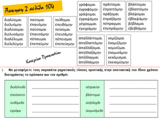 διαλύομαι
διελυόμην
διαλύσομαι
διελυσάμην
διαλέλυμαι
διελελύμην
παύομαι
ἐπαυόμην
παύσομαι
ἐπαυσάμην
πέπαυμαι
ἐπεπαύμην
πείθομαι
ἐπειθόμην
πείσομαι
ἐπεισάμην
πέπεισμαι
ἐπεπείσμην
γράφομαι
ἐγραφόμην
γράψομαι
ἐγραψάμην
γέγραμμαι
ἐγεγράμην
πράττομαι
ἐπραττόμην
πράξομαι
ἐπραξάμην
πέπραγμαι
ἐπεπράγμην
βλάπτομαι
ἐβλαπτόμην
βλάψομαι
ἐβλαψάμην
βέβλαμαι
ἐβεβλάμην
ἀπαλλάττομαι
ἀπηλλαττόμην
ἀπαλλάξομαι
ἀπηλλαξάμην
ἀπήλλαγμαι
ἀπηλλάγμην
κομίζομαι
ἐκομιζόμην
κομιοῦμαι
ἐκομισάμην
κεκόμισμαι
ἐκεκομίσμην
 
