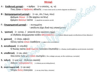 Μετοχή
Α : Επιθετική μετοχή : + άρθρο (= ο οποίος, -α, -ο)
Τίνες ἦσαν οἱ ἄρξαντες ἀδικεῖν; (= ποιοι ήταν αυτοί οι οποίοι άρχισαν να αδικούν;)
Β : Κατηγορηματική μετοχή : (= να , ότι / πως, που)
ἄρξομαι λέγων (= θα αρχίσω να λέω)
ἔχαιρεν ἀκούων ταῦτα (= χαιρόταν να ακούει αυτά)
Γ : Επιρρηματική μετοχή : - συνημμένη
- απόλυτη (έχει δικό της υποκείμενο)
1. τροπική (= -οντας / απαντά στην ερώτηση πώς)
οἱ Θηβαῖοι ἀνεχώρησαν οὐδέν ἀδικήσαντες (= οι Θηβαίοι έφυγαν χωρίς να αδικήσουν) (πώς έφυγαν;)
2. χρονική (= όταν, αφού)
Οὗτος ταῦτα εἰπών ἐκαθέζετο (= αφού είπε αυτά κάθισε)
3. αιτιολογική (= επειδή)
Ὁ Νικίας ταῦτα φοβούμενος ἔστειλεν ἐπιστολήν (= ο Νικίας επειδή φοβόταν αυτά έστειλε επιστολή)
4. υποθετική (= αν, εάν)
Οὐκ ἐστίν ἡμῖν μή νικῶσι σωτηρία (= δεν υπάρχει για μας, αν δεν νικήσουμε, σωτηρία)
5. τελική (= για να) (δηλώνει σκοπό)
ἔπλεον πολεμήσοντες (= έπλεαν για να πολεμήσουν)
6. εναντιωματική (= αν και)
Ὀλίγοι ὅντες ἐνίκησαν (= αν και είναι λίγοι, νίκησαν)
 
