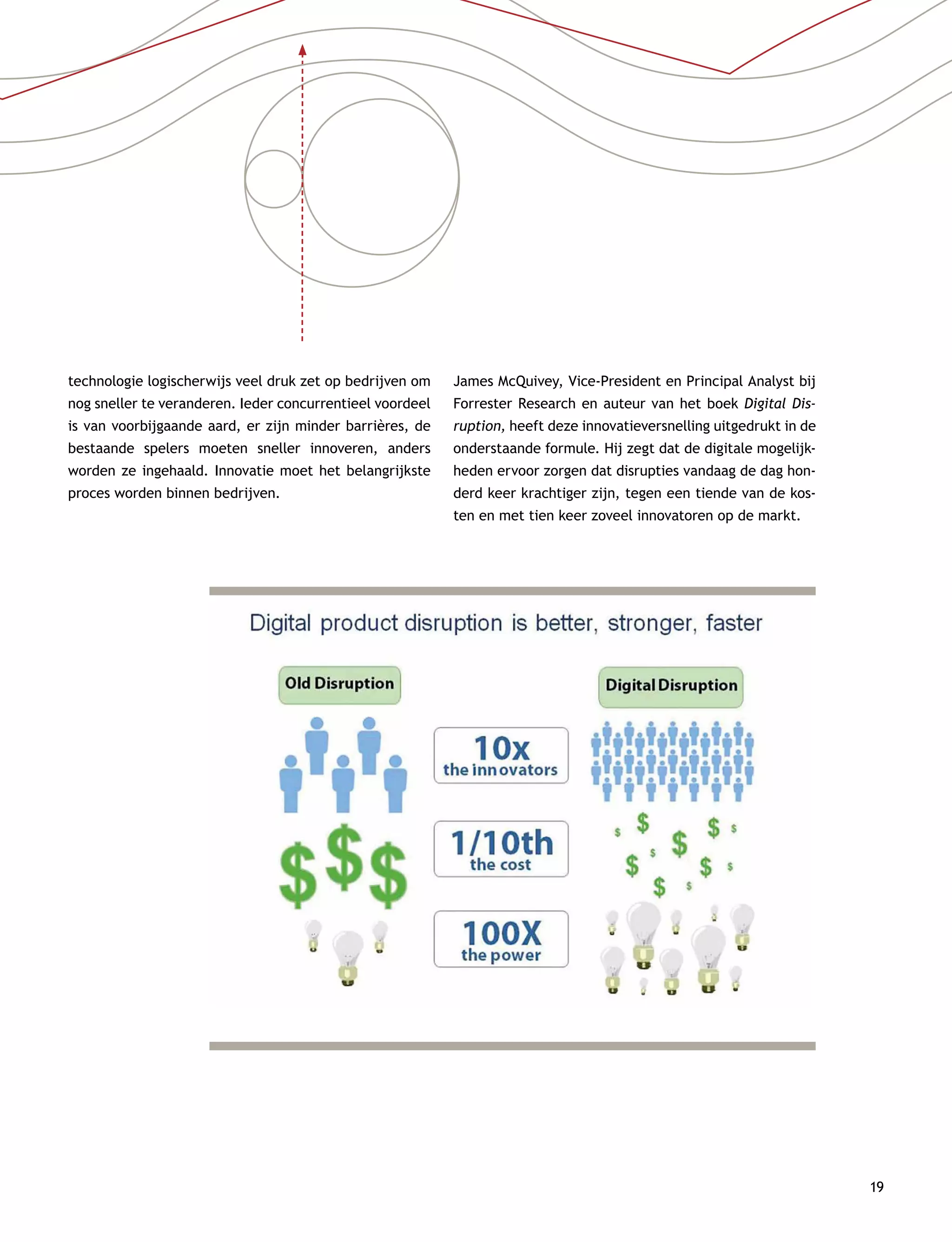 19
technologie logischerwijs veel druk zet op bedrijven om
nog sneller te veranderen. Ieder concurrentieel voordeel
is van voorbijgaande aard, er zijn minder barrières, de
bestaande spelers moeten sneller innoveren, anders
worden ze ingehaald. Innovatie moet het belangrijkste
proces worden binnen bedrijven.
James McQuivey, Vice-President en Principal Analyst bij
Forrester Research en auteur van het boek Digital Dis-
ruption, heeft deze innovatieversnelling uitgedrukt in de
onderstaande formule. Hij zegt dat de digitale mogelijk-
heden ervoor zorgen dat disrupties vandaag de dag hon-
derd keer krachtiger zijn, tegen een tiende van de kos-
ten en met tien keer zoveel innovatoren op de markt.
 