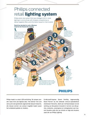11
Philips maakt nu smart LED-verlichting. De lampen zen-
den naast licht ook digitale data. Het bedrijf richt zich
ook op...