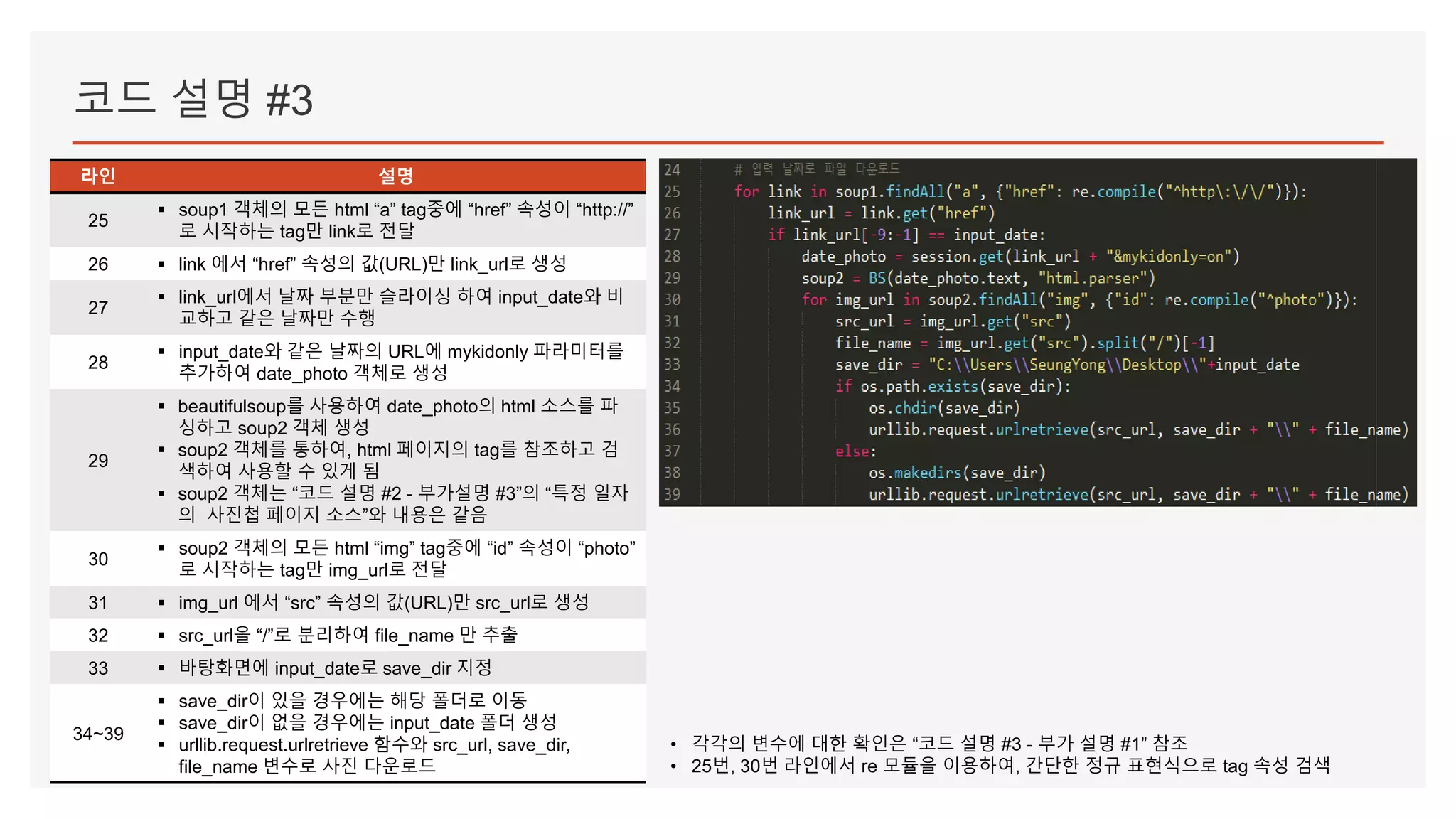 코드 설명 #3
라인 설명
25
▪ soup1 객체의 모든 html “a” tag중에 “href” 속성이 “http://”
로 시작하는 tag만 link로 전달
26 ▪ link 에서 “href” 속성의 값(URL)만 link_url로 생성
27
▪ link_url에서 날짜 부분만 슬라이싱 하여 input_date와 비
교하고 같은 날짜만 수행
28
▪ input_date와 같은 날짜의 URL에 mykidonly 파라미터를
추가하여 date_photo 객체로 생성
29
▪ beautifulsoup를 사용하여 date_photo의 html 소스를 파
싱하고 soup2 객체 생성
▪ soup2 객체를 통하여, html 페이지의 tag를 참조하고 검
색하여 사용할 수 있게 됨
▪ soup2 객체는 “코드 설명 #2 - 부가설명 #3”의 “특정 일자
의 사진첩 페이지 소스”와 내용은 같음
30
▪ soup2 객체의 모든 html “img” tag중에 “id” 속성이 “photo”
로 시작하는 tag만 img_url로 전달
31 ▪ img_url 에서 “src” 속성의 값(URL)만 src_url로 생성
32 ▪ src_url을 “/”로 분리하여 file_name 만 추출
33 ▪ 바탕화면에 input_date로 save_dir 지정
34~39
▪ save_dir이 있을 경우에는 해당 폴더로 이동
▪ save_dir이 없을 경우에는 input_date 폴더 생성
▪ urllib.request.urlretrieve 함수와 src_url, save_dir,
file_name 변수로 사진 다운로드
• 각각의 변수에 대한 확인은 “코드 설명 #3 - 부가 설명 #1” 참조
• 25번, 30번 라인에서 re 모듈을 이용하여, 간단한 정규 표현식으로 tag 속성 검색
 