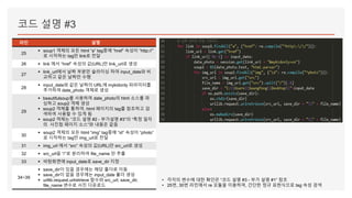 코드 설명 #3
라인 설명
25
▪ soup1 객체의 모든 html “a” tag중에 “href” 속성이 “http://”
로 시작하는 tag만 link로 전달
26 ▪ link 에서 “href” 속성의 값(URL)만 link_url로 생성
27
▪ link_url에서 날짜 부분만 슬라이싱 하여 input_date와 비
교하고 같은 날짜만 수행
28
▪ input_date와 같은 날짜의 URL에 mykidonly 파라미터를
추가하여 date_photo 객체로 생성
29
▪ beautifulsoup를 사용하여 date_photo의 html 소스를 파
싱하고 soup2 객체 생성
▪ soup2 객체를 통하여, html 페이지의 tag를 참조하고 검
색하여 사용할 수 있게 됨
▪ soup2 객체는 “코드 설명 #2 - 부가설명 #3”의 “특정 일자
의 사진첩 페이지 소스”와 내용은 같음
30
▪ soup2 객체의 모든 html “img” tag중에 “id” 속성이 “photo”
로 시작하는 tag만 img_url로 전달
31 ▪ img_url 에서 “src” 속성의 값(URL)만 src_url로 생성
32 ▪ src_url을 “/”로 분리하여 file_name 만 추출
33 ▪ 바탕화면에 input_date로 save_dir 지정
34~39
▪ save_dir이 있을 경우에는 해당 폴더로 이동
▪ save_dir이 없을 경우에는 input_date 폴더 생성
▪ urllib.request.urlretrieve 함수와 src_url, save_dir,
file_name 변수로 사진 다운로드
• 각각의 변수에 대한 확인은 “코드 설명 #3 - 부가 설명 #1” 참조
• 25번, 30번 라인에서 re 모듈을 이용하여, 간단한 정규 표현식으로 tag 속성 검색
 