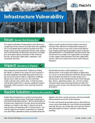 Infrastructure Vulnerability
Start 30-day Trial Today at www.rackn.com/trial w w w . r a c k n . c o m
RackN allows Enterprises to quickly transform their
current physical data centers from basic workflows to
cloud-like integrated processes. We turned decades of
infrastructure experience into data center provisioning
software so simple it only takes 5 minutes to install
and provides a progressive path to full autonomy. Our
critical insight was to deliver automation in a layered
way that allows operations teams to quickly adopt the
platform into their current processes and incrementally
add autonomous and self-service features.
It is this new layered automation process that will drive
a new secure foundation for your infrastructure globally
ensuring that you are solving the most common breach
being leveraged by hackers, software and hardware
patching.
RackN Solution: Secure Foundation
The rapid acceleration of dependency and reliance on
computing infrastructure to operate businesses globally,
24x7 and independent of physical location has left a
broad surface area for operational threats, data attacks,
and even blackmail. Infrastructure security is no longer
just securing the physical location of the hardware
but also securing the applications, databases, and
associated networks.
Many security vendors provide complex, expensive
solutions that still leave a fundamental exposure in
your infrastructure as was seen in the recent Equifax
hack. Simply patching the operating system, firmware,
and applications is a foundational security practice that
has become too complex for organizations to manage
as they support heterogeneous hardware, global data
centers, and even outsourced services with unknown
hardware.
Issue: Secure the Enterprise
Marc Andreessen declared that “Software is Eating
the World” as almost every aspect of your business is
becoming digitized and protecting not just the data
but also your business itself is a significant challenge.
Almost every week we hear of a new hack that
steals customer data, credit cards, or other business
critical information that is causing a significant impact
financially, with customer’s trust, and even business
viability.
Impact: Business is Digital
RackN believes that a solid foundation in your
infrastructure is not simply just loading an application
on a server or provisioning bare metal but also providing
the automated mechanisms to easily protect your
infrastructure at the foundational level of the hardware
bios, drivers, operating systems, etc. Our fast, simple,
and open physical provisioning solution provides this
security as part of your new infrastructure provisioning
procedures.
 