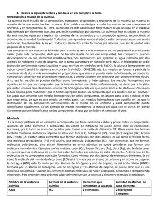 4. Realiza la siguiente lectura y con base en ella complete la tabla.
Introducción al mundo de la química.
La química es el estudio de la composición, estructura, propiedades y reacciones de la materia. La materia es
aquello de lo que están hechas las cosas. Esta palabra se designa a todas las sustancias que componen el
universo, y en consecuencia, la Tierra. La materia es todo aquello que tiene masa y ocupa un lugar en el espacio;
está formada por elementos que, a su vez, están constituidos por átomos. Los químicos han estudiado la materia
durante muchos siglos para explicar los cambios de las sustancias y su composición química, reconociendo al
átomo como su unidad fundamental. Todas las cosas que observamos alrededor están compuestas por una o más
sustancias: los elementos. A su vez, todos los elementos están formados por átomos, que son la unidad más
pequeña de la materia.
Los compuestos son sustancias formadas por la unión de dos o más elementos en una proporción que no puede
variar (para cada compuesto, dado que de hacerlo dejaría de ser ese compuesto). Los compuestos pueden
descomponerse en sus elementos constituyentes. Son compuestos por ejemplo: el agua (formada por dos
átomos de hidrógeno y uno de oxígeno, por lo tanto su escritura en símbolos será: H2O), el hipoclorito de sodio
(conocido comúnmente como lavandina y cuya escritura en símbolos será: NaClO), la glucosa (componente del
azúcar común) tendrá la siguiente escritura en 5 símbolos: C6H12O6, etc. Las mezclas se forman a partir de la
combinación de dos o más compuestos en proporciones que ahora sí pueden variar infinitamente, en donde los
compuestos conservan sus propiedades específicas, y además pueden ser separados por procedimientos físicos.
A su vez las mezclas se pueden clasificar como homogéneas o heterogéneas. Las mezclas homogéneas son
aquellas en las que los compuestos que la forman se han mezclado uniformemente, es decir que a la vista,
presentan una sola fase. Realizamos una mezcla homogénea cada vez que endulzamos el té, dado que sólo vemos
la fase líquida, pero “sabemos” que le hemos agregado azúcar, un compuesto que era sólido y que se “disolvió”.
Los jugos que tomamos son mezclas homogéneas de varios compuestos, los jarabes para la tos e incluso el aire
que respiramos, ya que es una mezcla de varios gases. Las mezclas heterogéneas son aquellas en las que la
distribución de los compuestos constituyentes de la misma no es uniforme y cada componente puede
identificarse visualmente. Es un ejemplo de mezcla heterogénea la mezcla del agua con el aceite, en donde
claramente pueden identificarse los dos compuestos: el agua por un lado y el aceite por el otro.
Molécula
Es la menor partícula de un elemento o compuesto que tiene existencia estable y posee todas las propiedades
químicas de dicho elemento o compuesto. Un átomo de nitrógeno no puede existir libre en condiciones
normales, por lo tanto se unen dos de ellos para formar una molécula diatómica N2. Otros elementos forman
también moléculas diatómicas; algunos de ellos son: fluor (F2), hidrógeno (H2), cloro (Cl2), oxígeno (O2), bromo
(Br2), yodo (I2). Existen otros elementos que forman moléculas con más átomos, es así como el fósforo forma
una molécula tetraatómica (P4) y el azufre, una molécula octoatómica (S8). Hay elementos que no forman
moléculas poliatómicas, sino existen libremente en forma atómica; se puede considerar que forman una
molécula monoatómica. Ejemplos son los metales: cobre (Cu), hierro (Fe), oro (Au), plata (Ag), etc. Se debe tener
en cuenta que las moléculas de elementos están formadas por átomos de dicho elemento. A diferencia de las
moléculas de los compuestos que están formadas, como mínimo, por dos átomos de elementos diferentes. Es así
como la molécula del monóxido de carbono (CO) está formada por un átomo de carbono y un átomo de oxígeno,
la del agua (H2O) está formada por dos átomos de hidrógeno y uno de oxígeno; la del ácido nítrico (HNO3)
formada por un átomo de hidrógeno, uno de nitrógeno y tres átomos de oxígeno, se puede decir que es una
molécula poliatómica. Cuando los elementos forman moléculas, lo hacen aceptando, perdiendo o compartiendo
electrones. Para entender esto debemos saber primero que son la valencia y el número o estado de oxidación.
Nombre de la Sustancia
química
Formula de la sustancia
química
Elementos que
conforman la sustancia
cantidad de átomos de
cada elemento
Agua H2O 2 elementos 2 hidrógenos
1 oxígeno
 