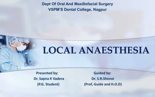 LOCAL ANAESTHESIA
Dept Of Oral And Maxillofacial Surgery
VSPM’S Dental College, Nagpur
Presented by: Guided by:
Dr. Sapna K Vadera Dr. S.R.Shenoi
(P.G. Student) (Prof, Guide and H.O.D)
 