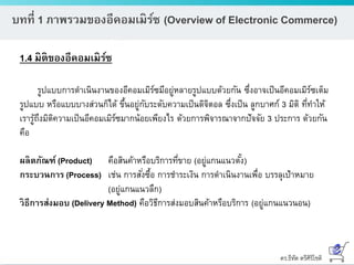 ดร.ธีทัต ตรีศิริโชติ
บทที่ 1 ภาพรวมของอีคอมเมิร์ซ (Overview of Electronic Commerce)
1.4 มิติของอีคอมเมิร์ซ
รูปแบบการดาเนินงานของอีคอมเมิร์ซมีอยู่หลายรูปแบบด้วยกัน ซึ่งอาจเป็นอีคอมเมิร์ซเต็ม
รูปแบบ หรือแบบบางส่วนก็ได้ ขึ้นอยู่กับระดับความเป็นดิจิตอล ซึ่งเป็น ลูกบาศก์ 3 มิติ ที่ทาให้
เรารู้ถึงมิติความเป็นอีคอมเมิร์ซมากน้อยเพียงไร ด้วยการพิจารณาจากปัจจัย 3 ประการ ด้วยกัน
คือ
ผลิตภัณฑ์ (Product) คือสินค้าหรือบริการที่ขาย (อยู่แกนแนวตั้ง)
กระบวนการ (Process) เช่น การสั่งซื้อ การชาระเงิน การดาเนินงานเพื่อ บรรลุเป้าหมาย
(อยู่แกนแนวลึก)
วิธีการส่งมอบ (Delivery Method) คือวิธีการส่งมอบสินค้าหรือบริการ (อยู่แกนแนวนอน)
 