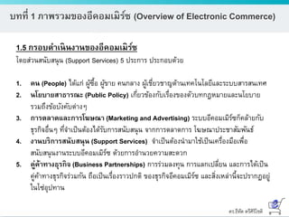 ดร.ธีทัต ตรีศิริโชติ
บทที่ 1 ภาพรวมของอีคอมเมิร์ซ (Overview of Electronic Commerce)
1.5 กรอบดาเนินงานของอีคอมเมิร์ซ
โดยส่วนสนับสนุน (Support Services) 5 ประการ ประกอบด้วย
1. คน (People) ได้แก่ ผู้ซื้อ ผู้ขาย คนกลาง ผู้เชี่ยวชาญด้านเทคโนโลยีและระบบสารสนเทศ
2. นโยบายสาธารณะ (Public Policy) เกี่ยวข้องกับเรื่องของตัวบทกฎหมายและนโยบาย
รวมถึงข้อบังคับต่างๆ
3. การตลาดและการโฆษณา (Marketing and Advertising) ระบบอีคอมเมิร์ซก็คล้ายกับ
ธุรกิจอื่นๆ ที่จาเป็นต้องได้รับการสนับสนุน จากการตลาดการ โฆษณาประชาสัมพันธ์
4. งานบริการสนับสนุน (Support Services) จาเป็นต้องนามาใช้เป็นเครื่องมือเพื่อ
สนับสนุนงานระบบอีคอมเมิร์ซ ด้วยการอานวยความสะดวก
5. คู่ค้าทางธุรกิจ (Business Partnerships) การร่วมลงทุน การแลกเปลี่ยน และการได้เป็น
คู่ค้าทางธุรกิจร่วมกัน ถือเป็นเรื่องราวปกติ ของธุรกิจอีคอมเมิร์ซ และสิ่งเหล่านี้จะปรากฏอยู่
ในโซ่อุปทาน
 