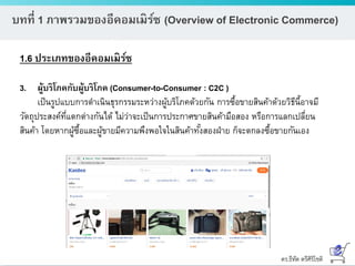 ดร.ธีทัต ตรีศิริโชติ
บทที่ 1 ภาพรวมของอีคอมเมิร์ซ (Overview of Electronic Commerce)
1.6 ประเภทของอีคอมเมิร์ซ
3. ผู้บริโภคกับผู้บริโภค (Consumer-to-Consumer : C2C )
เป็นรูปแบบการดาเนินธุรกรรมระหว่างผู้บริโภคด้วยกัน การซื้อขายสินค้าด้วยวิธีนี้อาจมี
วัตถุประสงค์ที่แตกต่างกันได้ ไม่ว่าจะเป็นการประกาศขายสินค้ามือสอง หรือการแลกเปลี่ยน
สินค้า โดยหากผู้ซื้อและผู้ขายมีความพึงพอใจในสินค้าทั้งสองฝ่าย ก็จะตกลงซื้อขายกันเอง
 