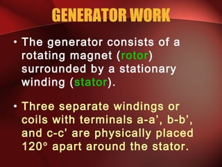 GENERATOR WORK
• The generator consists of a
rotating magnet (rotor)
surrounded by a stationary
winding (stator).
• Three separate windings or
coils with terminals a-a’, b-b’,
and c-c’ are physically placed
120° apart around the stator.
 