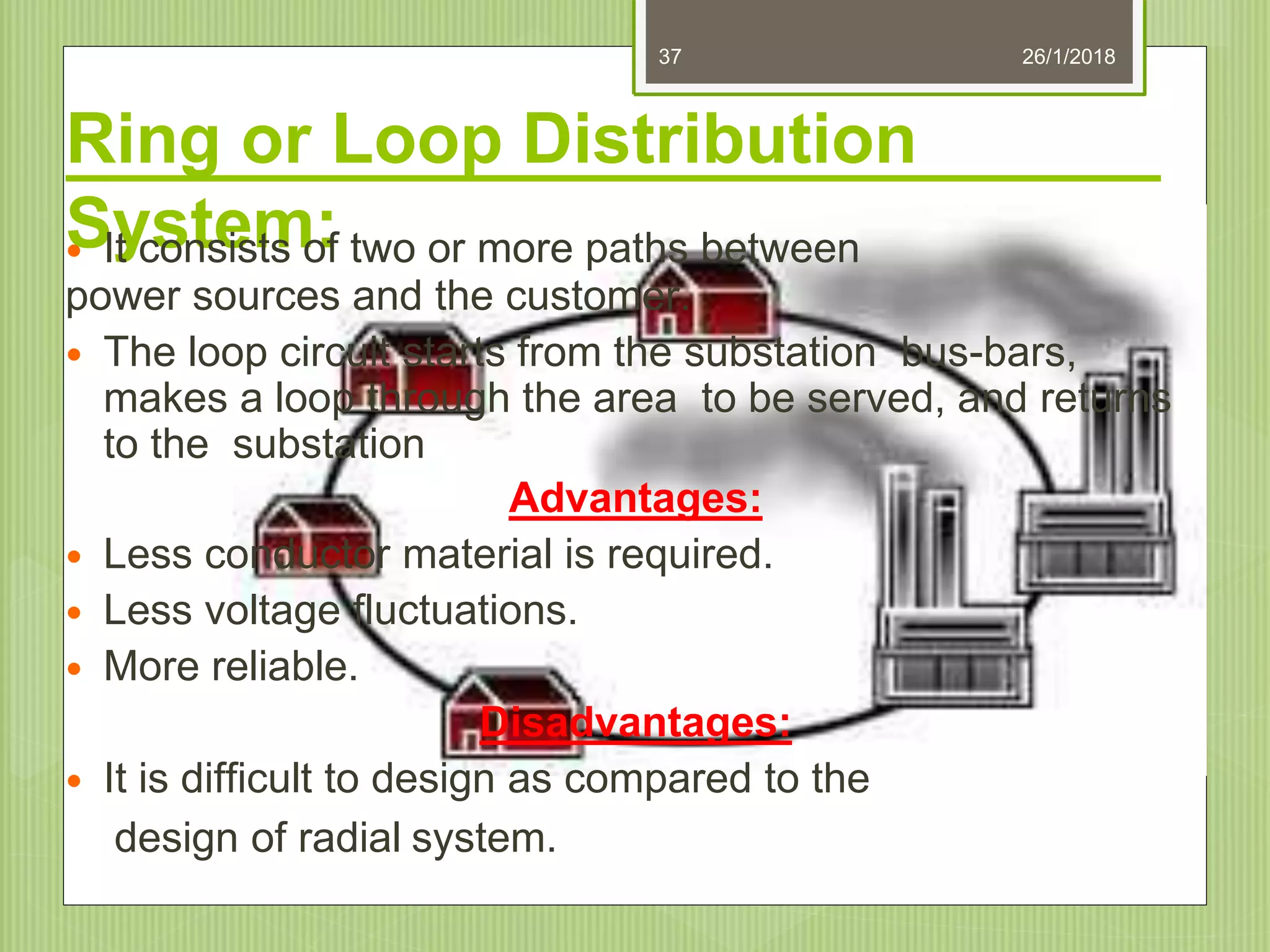 Ring or Loop Distribution
System: It consists of two or more paths between
power sources and the customer.
 The loop circuit starts from the substation bus-bars,
makes a loop through the area to be served, and returns
to the substation
Advantages:
 Less conductor material is required.
 Less voltage fluctuations.
 More reliable.
Disadvantages:
 It is difficult to design as compared to the
design of radial system.
37 26/1/2018
 