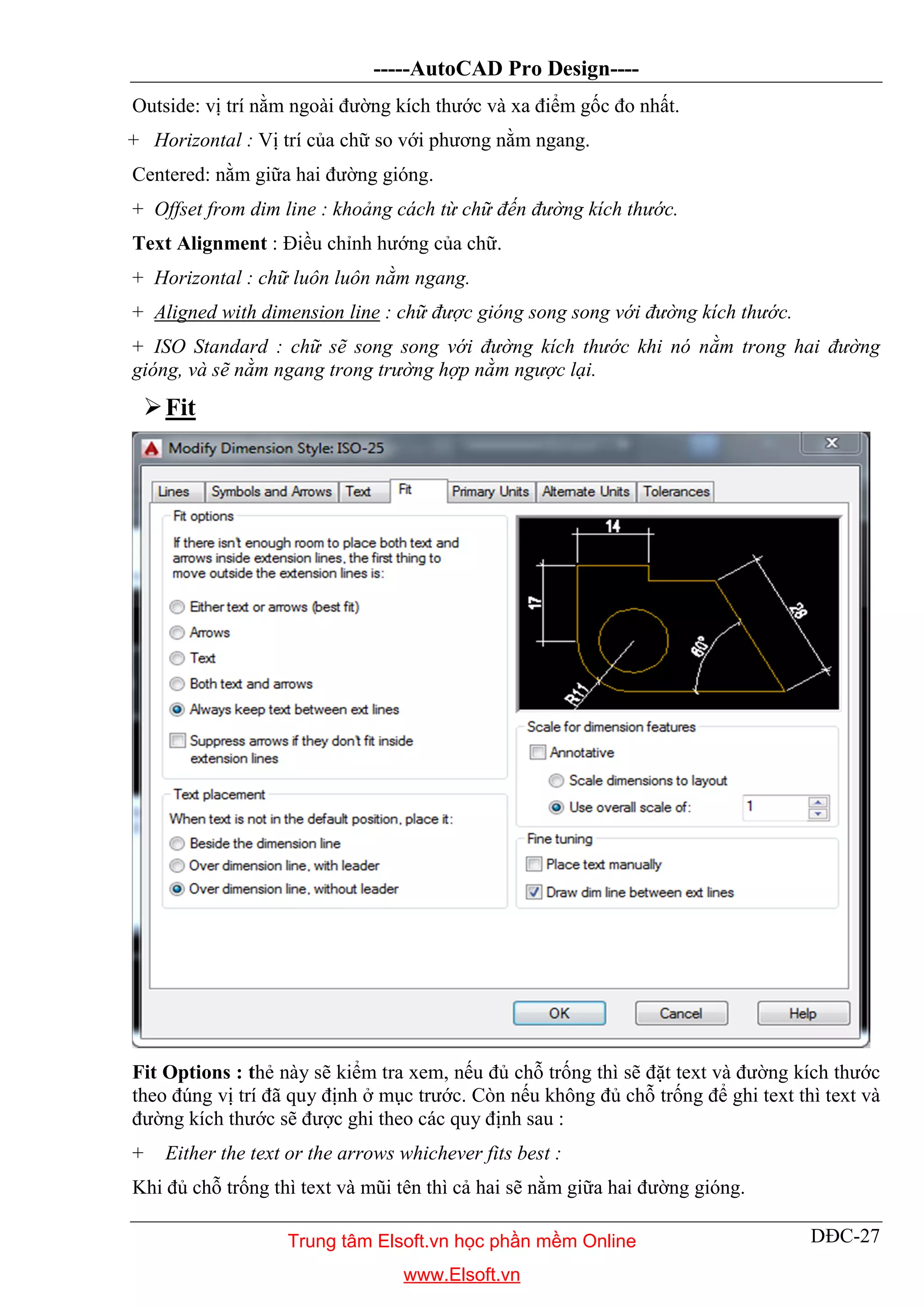 -----AutoCAD Pro Design----
DĐC-27
Outside: vị trí nằm ngoài đường kích thước và xa điểm gốc đo nhất.
+ Horizontal : Vị trí của chữ so với phương nằm ngang.
Centered: nằm giữa hai đường gióng.
+ Offset from dim line : khoảng cách từ chữ đến đường kích thước.
Text Alignment : Điều chỉnh hướng của chữ.
+ Horizontal : chữ luôn luôn nằm ngang.
+ Aligned with dimension line : chữ được gióng song song với đường kích thước.
+ ISO Standard : chữ sẽ song song với đường kích thước khi nó nằm trong hai đường
gióng, và sẽ nằm ngang trong trường hợp nằm ngược lại.
Fit
Fit Options : thẻ này sẽ kiểm tra xem, nếu đủ chỗ trống thì sẽ đặt text và đường kích thước
theo đúng vị trí đã quy định ở mục trước. Còn nếu không đủ chỗ trống để ghi text thì text và
đường kích thước sẽ được ghi theo các quy định sau :
+ Either the text or the arrows whichever fits best :
Khi đủ chỗ trống thì text và mũi tên thì cả hai sẽ nằm giữa hai đường gióng.
Trung tâm Elsoft.vn học phần mềm Online
www.Elsoft.vn
 