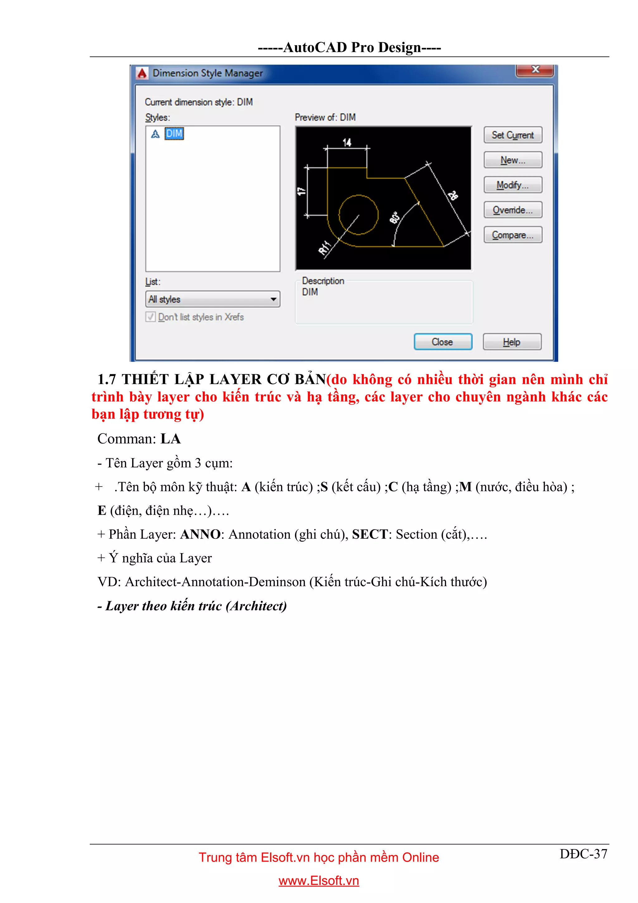 -----AutoCAD Pro Design----
DĐC-37
1.7 THIẾT LẬP LAYER CƠ BẢN(do không có nhiều thời gian nên mình chỉ
trình bày layer cho kiến trúc và hạ tầng, các layer cho chuyên ngành khác các
bạn lập tương tự)
Comman: LA
- Tên Layer gồm 3 cụm:
+ .Tên bộ môn kỹ thuật: A (kiến trúc) ;S (kết cấu) ;C (hạ tầng) ;M (nước, điều hòa) ;
E (điện, điện nhẹ…)….
+ Phần Layer: ANNO: Annotation (ghi chú), SECT: Section (cắt),….
+ Ý nghĩa của Layer
VD: Architect-Annotation-Deminson (Kiến trúc-Ghi chú-Kích thước)
- Layer theo kiến trúc (Architect)
Trung tâm Elsoft.vn học phần mềm Online
www.Elsoft.vn
 