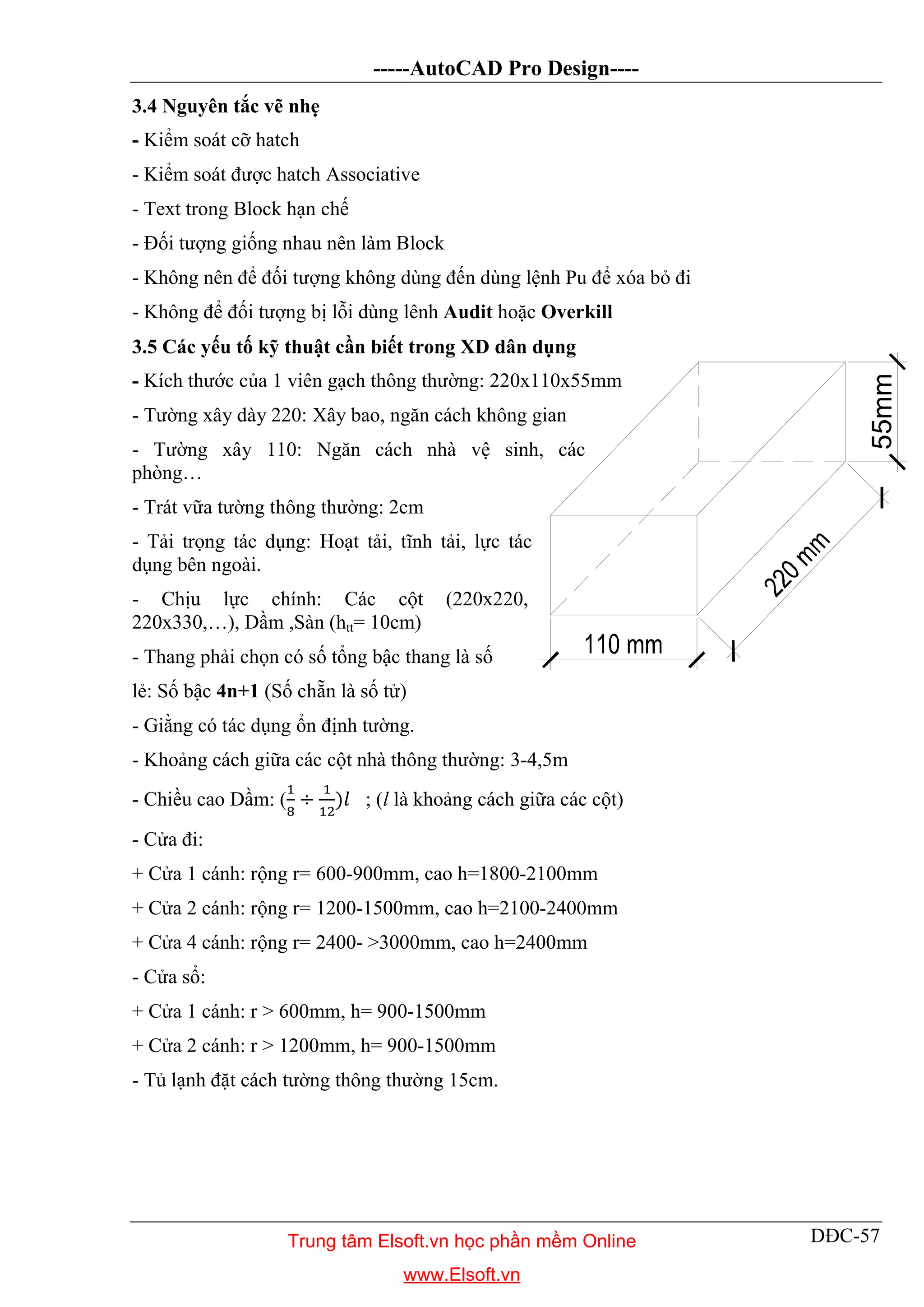 -----AutoCAD Pro Design----
DĐC-57
3.4 Nguyên tắc vẽ nhẹ
- Kiểm soát cỡ hatch
- Kiểm soát được hatch Associative
- Text trong Block hạn chế
- Đối tượng giống nhau nên làm Block
- Không nên để đối tượng không dùng đến dùng lệnh Pu để xóa bỏ đi
- Không để đối tượng bị lỗi dùng lênh Audit hoặc Overkill
3.5 Các yếu tố kỹ thuật cần biết trong XD dân dụng
- Kích thước của 1 viên gạch thông thường: 220x110x55mm
- Tường xây dày 220: Xây bao, ngăn cách không gian
- Tường xây 110: Ngăn cách nhà vệ sinh, các
phòng…
- Trát vữa tường thông thường: 2cm
- Tải trọng tác dụng: Hoạt tải, tĩnh tải, lực tác
dụng bên ngoài.
- Chịu lực chính: Các cột (220x220,
220x330,…), Dầm ,Sàn (htt= 10cm)
- Thang phải chọn có số tổng bậc thang là số
lẻ: Số bậc 4n+1 (Số chẵn là số tử)
- Giằng có tác dụng ổn định tường.
- Khoảng cách giữa các cột nhà thông thường: 3-4,5m
- Chiều cao Dầm: ( ÷ ) ; (l là khoảng cách giữa các cột)
- Cửa đi:
+ Cửa 1 cánh: rộng r= 600-900mm, cao h=1800-2100mm
+ Cửa 2 cánh: rộng r= 1200-1500mm, cao h=2100-2400mm
+ Cửa 4 cánh: rộng r= 2400- >3000mm, cao h=2400mm
- Cửa sổ:
+ Cửa 1 cánh: r > 600mm, h= 900-1500mm
+ Cửa 2 cánh: r > 1200mm, h= 900-1500mm
- Tủ lạnh đặt cách tường thông thường 15cm.
Trung tâm Elsoft.vn học phần mềm Online
www.Elsoft.vn
 