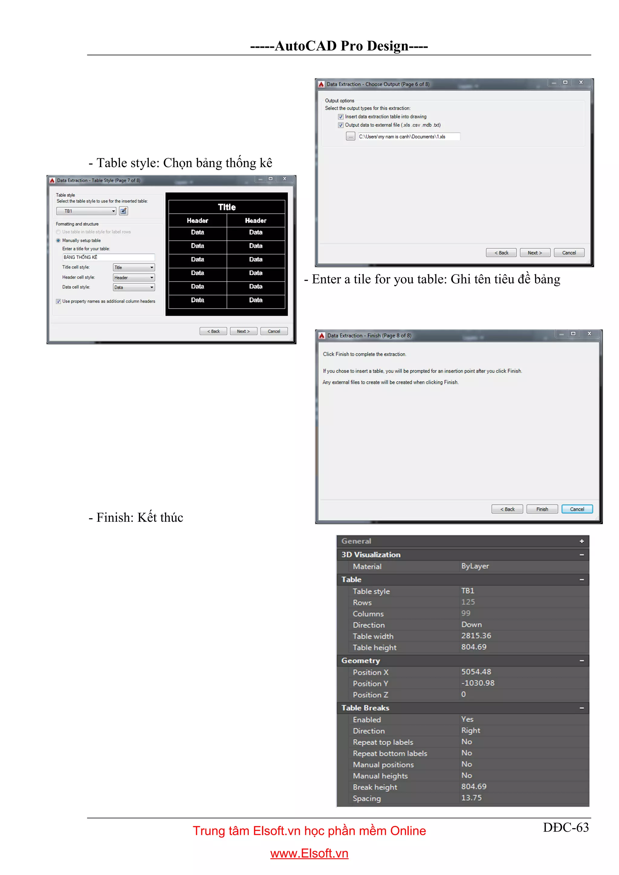-----AutoCAD Pro Design----
DĐC-63
- Table style: Chọn bảng thống kê
- Enter a tile for you table: Ghi tên tiêu đề bảng
- Finish: Kết thúc
Trung tâm Elsoft.vn học phần mềm Online
www.Elsoft.vn
 