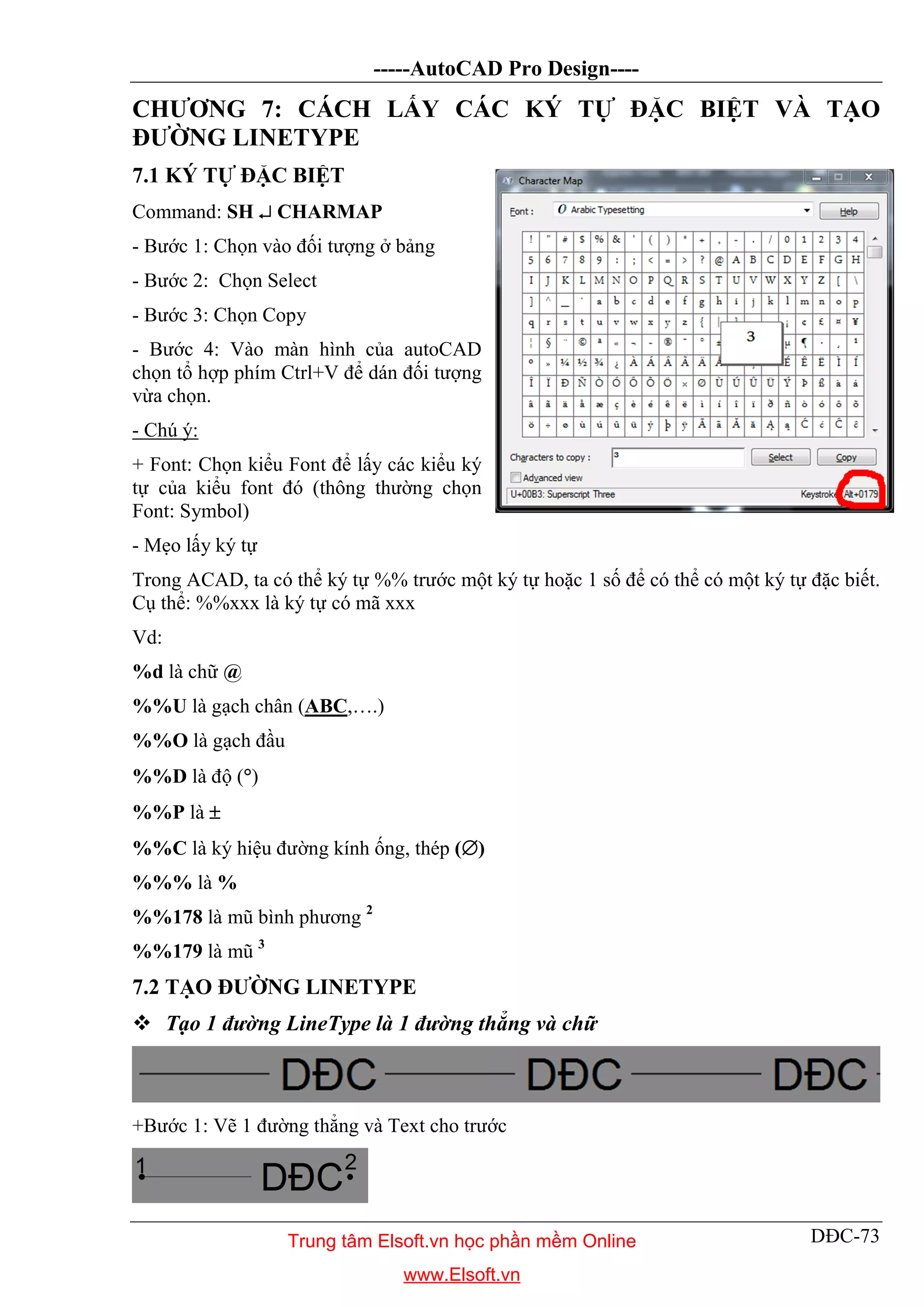 -----AutoCAD Pro Design----
DĐC-73
CHƯƠNG 7: CÁCH LẤY CÁC KÝ TỰ ĐẶC BIỆT VÀ TẠO
ĐƯỜNG LINETYPE
7.1 KÝ TỰ ĐẶC BIỆT
Command: SH  CHARMAP
- Bước 1: Chọn vào đối tượng ở bảng
- Bước 2: Chọn Select
- Bước 3: Chọn Copy
- Bước 4: Vào màn hình của autoCAD
chọn tổ hợp phím Ctrl+V để dán đối tượng
vừa chọn.
- Chú ý:
+ Font: Chọn kiểu Font để lấy các kiểu ký
tự của kiểu font đó (thông thường chọn
Font: Symbol)
- Mẹo lấy ký tự
Trong ACAD, ta có thể ký tự %% trước một ký tự hoặc 1 số để có thể có một ký tự đặc biết.
Cụ thể: %%xxx là ký tự có mã xxx
Vd:
%d là chữ @
%%U là gạch chân (ABC,….)
%%O là gạch đầu
%%D là độ ()
%%P là 
%%C là ký hiệu đường kính ống, thép ()
%%% là %
%%178 là mũ bình phương 2
%%179 là mũ 3
7.2 TẠO ĐƯỜNG LINETYPE
 Tạo 1 đường LineType là 1 đường thẳng và chữ
+Bước 1: Vẽ 1 đường thẳng và Text cho trước
Trung tâm Elsoft.vn học phần mềm Online
www.Elsoft.vn
 