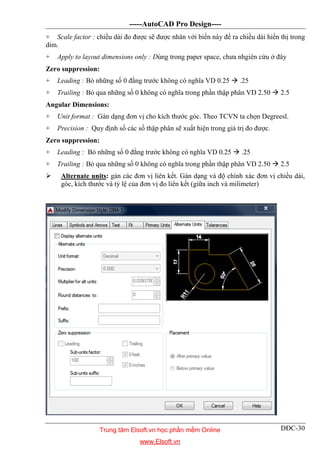 -----AutoCAD Pro Design----
DĐC-30
+ Scale factor : chiều dài đo được sẽ được nhân với biến này để ra chiều dài hiển thị trong
dim.
+ Apply to layout dimensions only : Dùng trong paper space, chưa nhgiên cứu ở đây
Zero suppression:
+ Leading : Bỏ những số 0 đằng trước không có nghĩa VD 0.25  .25
+ Trailing : Bỏ qua những số 0 không có nghĩa trong phần thập phân VD 2.50  2.5
Angular Dimensions:
+ Unit format : Gán dạng đơn vị cho kích thước góc. Theo TCVN ta chọn Degreesl.
+ Precision : Quy định số các số thập phân sẽ xuất hiện trong giá trị đo được.
Zero suppression:
+ Leading : Bỏ những số 0 đằng trước không có nghĩa VD 0.25  .25
+ Trailing : Bỏ qua những số 0 không có nghĩa trong phần thập phân VD 2.50  2.5
 Alternate units: gán các đơn vị liên kết. Gán dạng và độ chính xác đơn vị chiều dài,
góc, kích thước và tỷ lệ của đơn vị đo liên kết (giữa inch và milimeter)
Trung tâm Elsoft.vn học phần mềm Online
www.Elsoft.vn
 