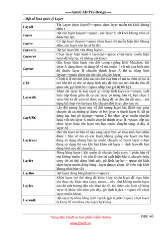 -----AutoCAD Pro Design----
DĐC-40
- Một số lênh quản lý Layer
Layoff
Tắt Layer chọn (layoff=>space chọn layer muốn tắt khỏi khung
nhìn )
Layon
Bật các layer (layon=>space , các layer bị tắt khỏi khung nhìn sẽ
được bật lại)
Layiso
Cô lập layer (layiso=>space chọn layer chỉ muốn hiện trên khung
nhìn, các layer còn lại sẽ bị tắt)
Layuniso Bật lại layer khi vừa dùng layiso
Laymcur
Chọn layer hiện hành ( laymcur=>space chọn layer muốn hiện
hành để tiếp tục vẽ những cái khác)
Laycur
Gắn layer hiện hành vào đối tượng (giống lệnh Matchop, khi
layer A đang được sử dụng để vẽ mà muốn 1 vài nét của hình nào
đó thuộc layer B chuyển thành layer A thì ta dùng lệnh
laycur=>space chọn các nét cần chuyển layer)
LTS
Chỉnh tỉ lệ nét đứt (khi các nét đứt của bản vẽ mà ta nhìn nó lại là
nét liền thì có thẻ sử dụng lệnh này để dãn các nét đứt đó cho dễ
quan sát, gọi lệnh lts=>space nhập vào giá trị bất kỳ)
Laywalk
Khảo sát layer là loại layer gì (nhập lênh laywalk=>space, xuất
hiện hộp thoại gồm tất cả các layer có trong bản vẽ, bạn chọn 1
layer bất kỳ để xem nó được sử dụng để vẽ cho chi tiết nào,…)sử
dụng kết hợp với laytrain khi chuyển đổi layer cho bản vẽ.
LayMRG
Lấy đối tượng layer này về đối tượng layer kia (lệnh này giúp
chuyển tất cả những gì được vẽ bởi layer A thành layer B, để sử
dụng các bạn gõ laymgr=>space 2 lần chọn layer muỗn chuyển
hoặc viết tên layer A muốn chuyển thành layer B->space, tiếp tục
chọn layer hoặc tên layer mà bạn muốn chuyển sang, ở đây là
layer A)
Laytrans
Đổi tên layer từ bản vẽ này sang layer bản vẽ khác (nếu bạn nhận
được 1 bản vẽ mà có các layer không giống các layer mà bạn
đang sử dụng nhưng bạn lại muỗn chuyển nó thành layer c=bạn
đang sử dụng thì sau khi bạn khảo sát layer = lệnh laywalk bạn
dùng lệnh này để chuyển, )
Layfrz
Đóng băng layer ( khi muốn di chuyển hoặc copy 1 phần bản vẽ
mà không muốn 1 số yếu tố còn lại xuất hiện khi di chuyển hoăc
copy thì có thể dùng lệnh này, gõ lệnh layfrz=> space rồi kích
chọn layer muốn đóng băng , layer đưuọc chọn sẽ biến mất khỏi
khung nhìn bản vẽ)
Laythw Bật layer đóng băng(laythw=>space)
Laylck
Khóa layer (có thể dùng để khóa 1hay nhiều layer để thực hiện
các thao tác khác như copy, move,…nếu như không muốn layer
nào đó anh hưởng đến các thao tác đó, tất nhiên các hình vẽ bằng
layer bị khóa vẫn nằm yên đấy, gõ lệnh laylck =>space rồi chọn
layer muốn khóa)
Layunlk
Bật layer bị khóa bằng lệnh laylck (gõ layulk=>space chọn layer
bị khóa để mở khóa cho layer bị khóa)
Trung tâm Elsoft.vn học phần mềm Online
www.Elsoft.vn
 