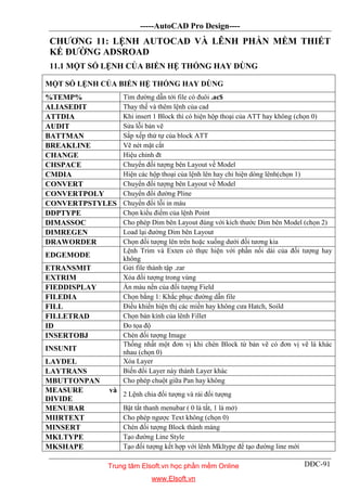 -----AutoCAD Pro Design----
DĐC-91
CHƯƠNG 11: LỆNH AUTOCAD VÀ LÊNH PHẦN MỀM THIẾT
KẾ ĐƯỜNG ADSROAD
11.1 MỘT SỐ LỆNH CỦA BIẾN HỆ THỐNG HAY DÙNG
MỘT SỐ LỆNH CỦA BIẾN HỆ THỐNG HAY DÙNG
%TEMP% Tìm đường dẫn tới file có đuôi .ac$
ALIASEDIT Thay thế và thêm lệnh của cad
ATTDIA Khi insert 1 Block thì có hiện hộp thoại của ATT hay không (chọn 0)
AUDIT Sửa lỗi bản vẽ
BATTMAN Sắp xếp thứ tự của block ATT
BREAKLINE Vẽ nét mặt cắt
CHANGE Hiệu chỉnh đt
CHSPACE Chuyển đối tượng bên Layout về Model
CMDIA Hiện các hộp thoại của lệnh lên hay chỉ hiện dòng lênh(chọn 1)
CONVERT Chuyển đối tượng bên Layout về Model
CONVERTPOLY Chuyển đổi đường Pline
CONVERTPSTYLES Chuyển đổi lỗi in màu
DDPTYPE Chọn kiểu điểm của lệnh Point
DIMASSOC Cho phép Dim bên Layout đúng với kích thước Dim bên Model (chọn 2)
DIMREGEN Load lại đường Dim bên Layout
DRAWORDER Chọn đối tượng lên trên hoặc xuống dưới đối tương kia
EDGEMODE
Lệnh Trim và Exten có thực hiện với phần nối dài của đối tượng hay
không
ETRANSMIT Gửi file thành tập .zar
EXTRIM Xóa đối tượng trong vùng
FIEDDISPLAY Ẩn màu nền của đối tượng Field
FILEDIA Chọn bằng 1: Khắc phục đường dẫn file
FILL Điều khiển hiện thị các miền hay không cưa Hatch, Soild
FILLETRAD Chọn bán kính của lênh Fillet
ID Đo tọa độ
INSERTOBJ Chèn đối tượng Image
INSUNIT
Thống nhất một đơn vị khi chèn Block từ bản vẽ có đơn vị vẽ là khác
nhau (chọn 0)
LAYDEL Xóa Layer
LAYTRANS Biến đổi Layer này thành Layer khác
MBUTTONPAN Cho phép chuột giữa Pan hay không
MEASURE và
DIVIDE
2 Lệnh chia đối tượng và rải đối tượng
MENUBAR Bật tắt thanh menubar ( 0 là tắt, 1 là mở)
MIIRTEXT Cho phép ngược Text không (chọn 0)
MINSERT Chèn đối tượng Block thành mảng
MKLTYPE Tạo đường Line Style
MKSHAPE Tạo đối tượng kết hợp với lênh Mkltype để tạo đường line mới
Trung tâm Elsoft.vn học phần mềm Online
www.Elsoft.vn
 