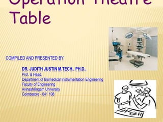 Operation Theatre
Table
COMPILED AND PRESENTED BY:
DR. JUDITH JUSTIN M.TECH., PH.D.,
Prof. & Head,
Department of Biomedical Instrumentation Engineering
Faculty of Engineering
Avinashilingam University
Coimbatore - 641 108
 