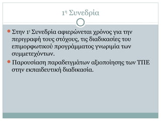 1η
Συνεδρία
Στην 1η
Συνεδρία αφιερώνεται χρόνος για την
περιγραφή τους στόχους, τις διαδικασίες του
επιμορφωτικού προγράμματος γνωριμία των
συμμετεχόντων.
Παρουσίαση παραδειγμάτων αξιοποίησης των ΤΠΕ
στην εκπαιδευτική διαδικασία.
 